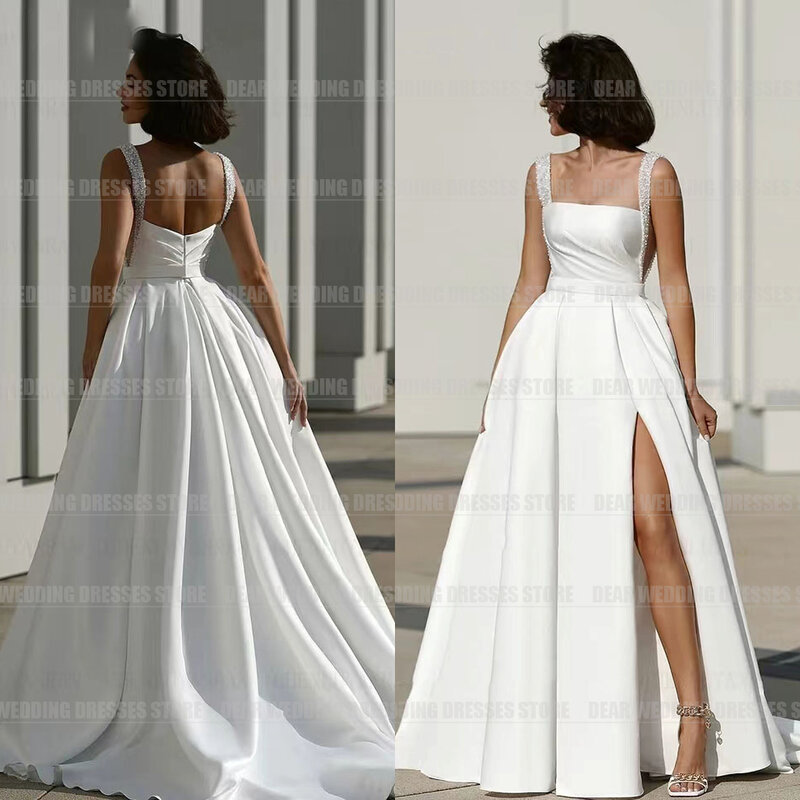 Simple Elegant Wedding Dresses Woman's A Line Sexy Boat Neck Bridal Gowns Formal Split Satin Spaghetti Straps Side Split Vestido