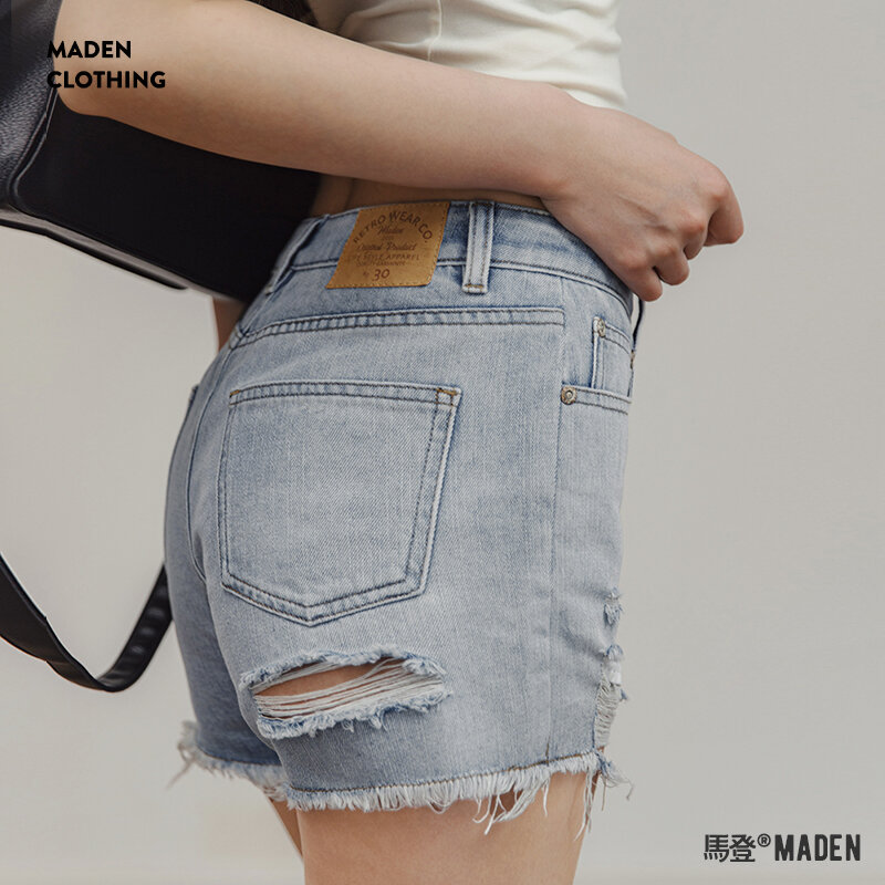 Shorts jeans femininos Maden-Ripped, calças antigas de férias na praia, jeans casual sem estiramento, roupa de rua feminina lavada, verão