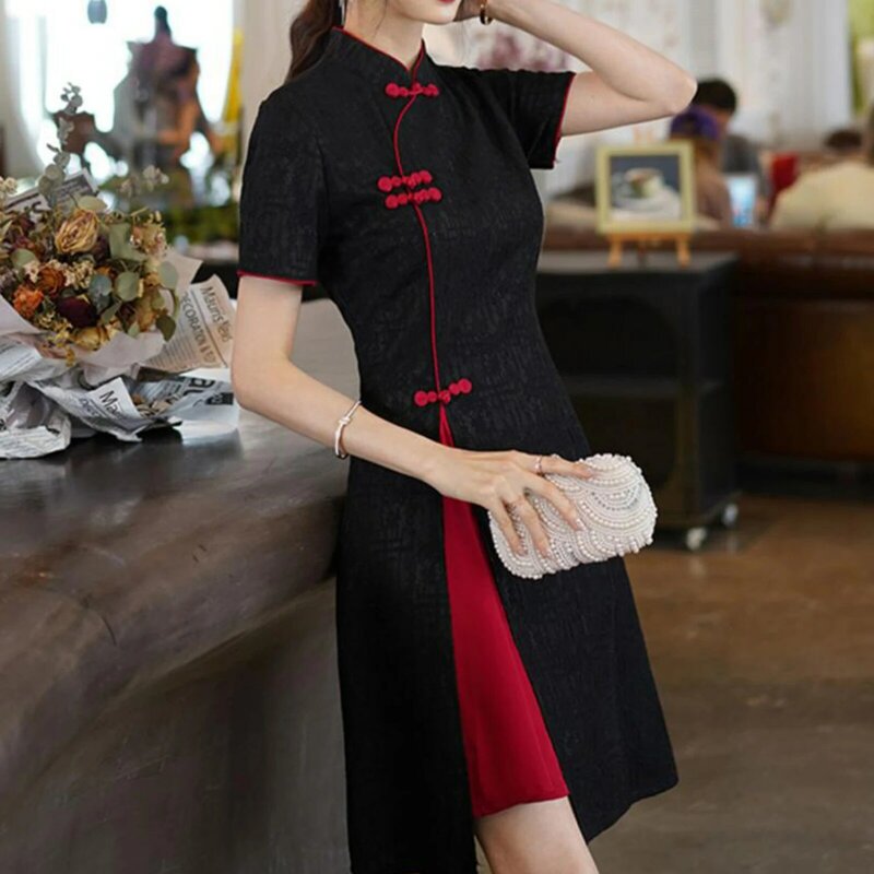 Summer Cheongsam Dress Stand Collar Chinese Style Short Modified Cheongsam for Chinese New Year Festival