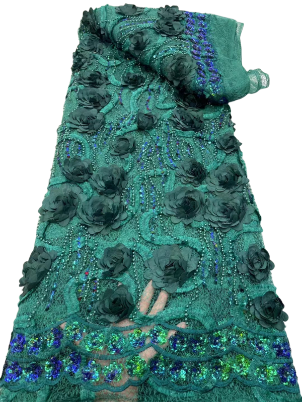Tissu Africain en Dentelle avec Perles et Paillettes pour Robe de Soirée de Mariage, Haute Qualité, Français NigWin, Fleurs 3D, 5 Yards, 2024