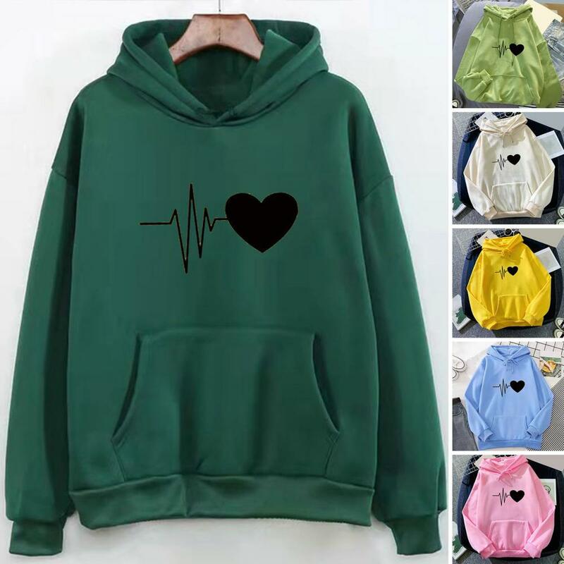 Fall Winter Unisex Hoodie Heart Print Loose Fleece Sweatshirt Thick Plush Drawstring Long Sleeve Pullover Casual Hoodie