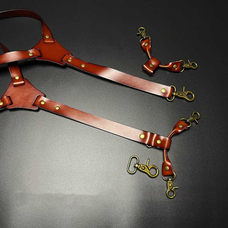 Suspender kulit asli untuk pria, celana suspender kulit asli klasik ukuran 2x125cm dengan 4 kait dan tali selempang bisa disesuaikan, celana suspender wanita dan kawat gigi