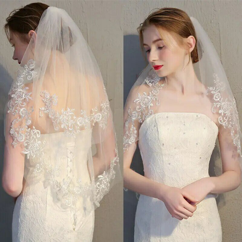 Two Layer Lace Short Bridal Veil With Comb Elbow Length Wedding Veil Ivory White