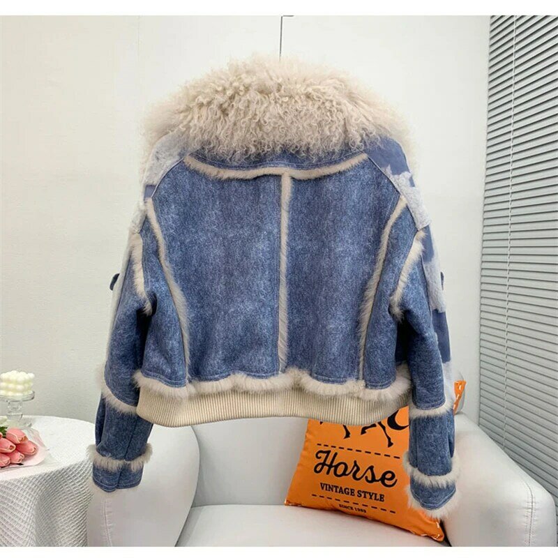 Abrigos de invierno de piel de conejo para mujer, Chaqueta corta cálida con cuello de lana de cordero, abrigo de lujo, JT3261