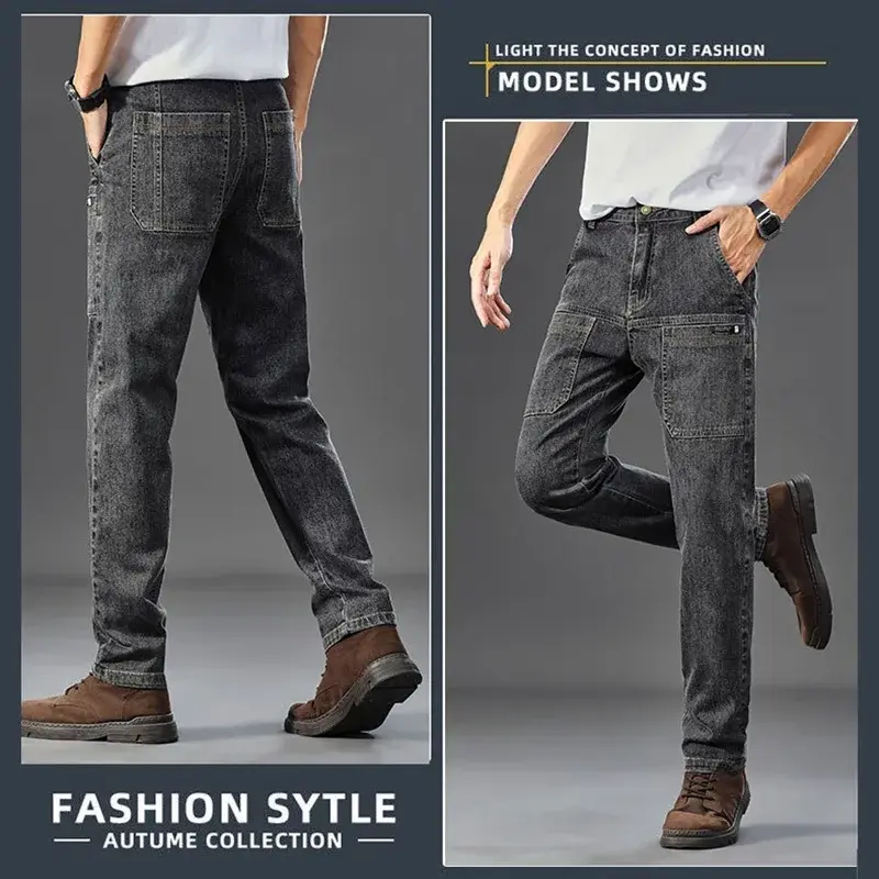 Мужские джинсы с шестью карманами, удобные джинсы-карго, модные брендовые Молодежные прямые рабочие брюки, облегающие мужские брюки с большими карманами, 2023