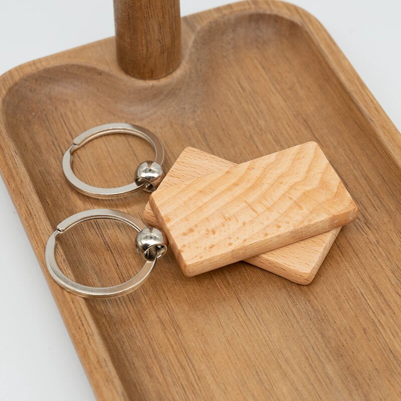 100 Stück Rohlinge unvollendete Holz Schlüssel ring Schlüssel anhänger DIY Schlüssel bund für DIY Handwerk (rundes Rechteck)