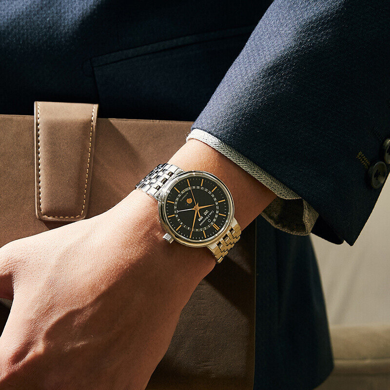 Карл Ф. Мужские механические часы с автоподзаводом BUCHERER, черные часы с сапфировым стеклом, с полным календарем, фазовым дисплеем и циферблатом адмирала, 2019
