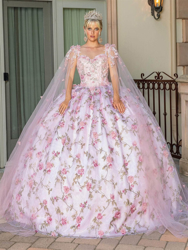 فستان الأميرة المطبوعة بالورود مع كيب ، فستان Quinceanera ، فساتين كوكتيل ، 2023