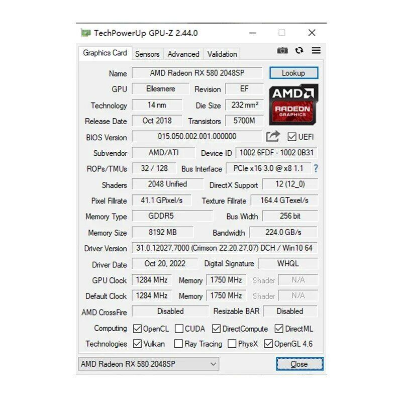 MOUGOL-Carte de jeu vidéo AMD Radeon Jas580, 8G, mémoire GDDR5, PCIE 3.0x16, compatible HDMI, DVI pour ordinateur de bureau