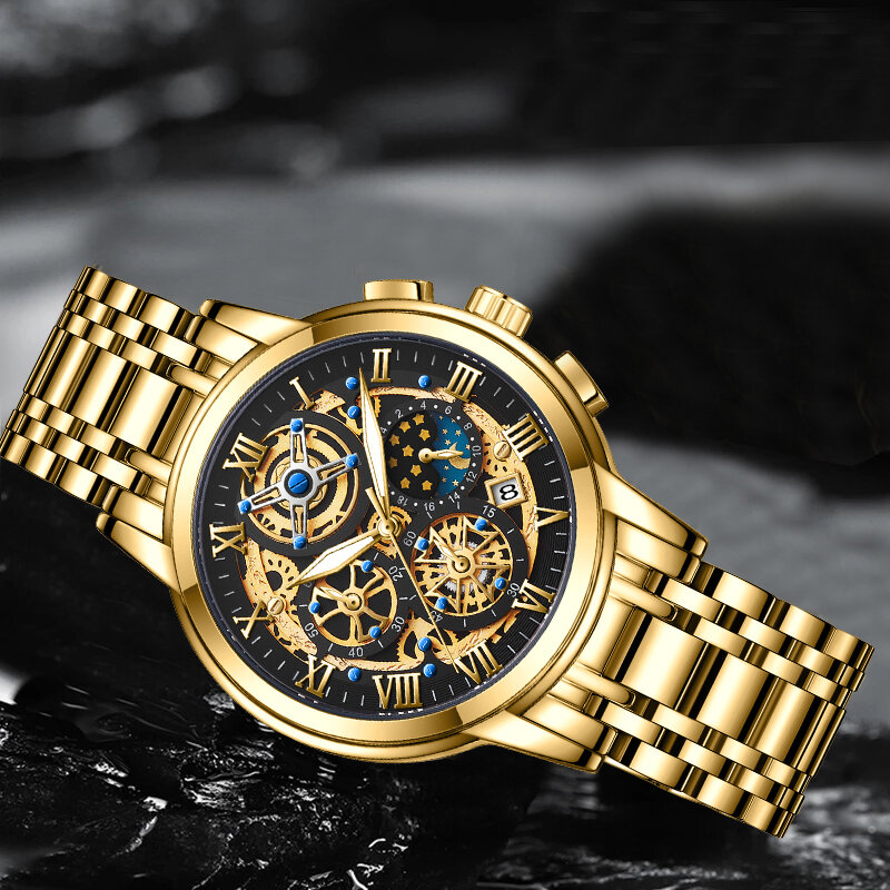 LIGE męskie zegarki złote sportowe męskie zegarki kwarcowe pełny stalowy wodoodporny zegarek na rękę mężczyźni Relogio Masculino + box