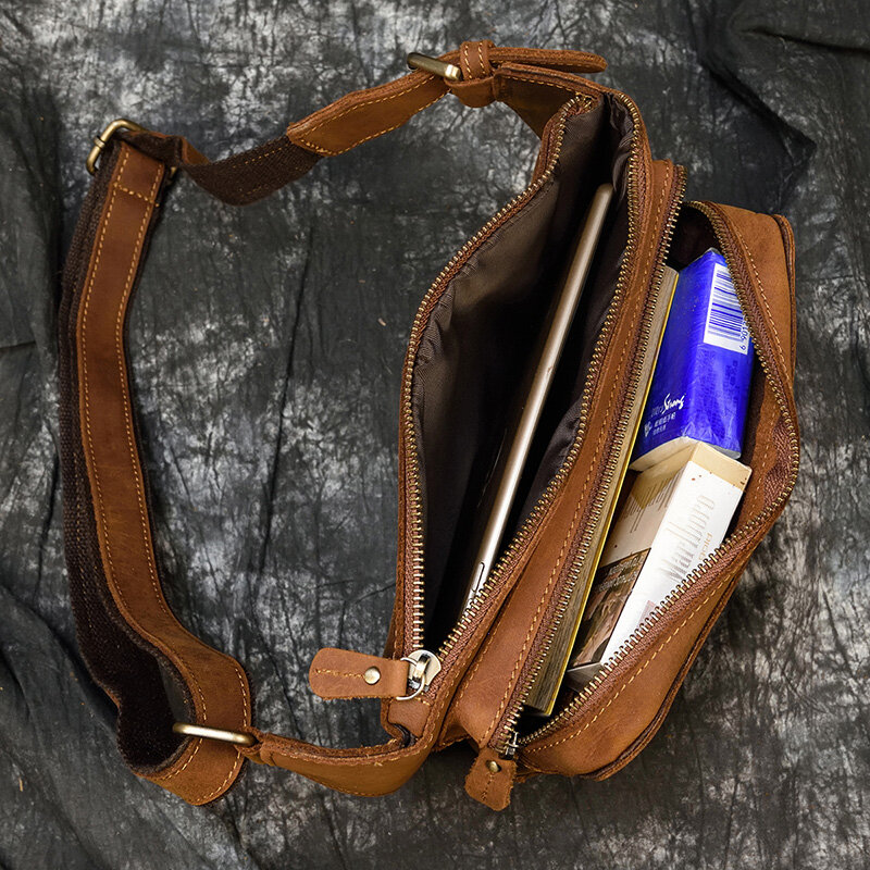 New Quality Leather Men Fanny Pack Genuine Leather Waist Belt Bag Chest Pack Sling Bag Design Cigarette Case Phone Pouch