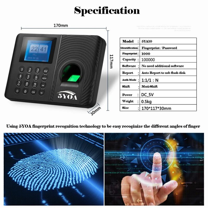 Enregistreur d'empreintes digitales biométrique électronique, horloge de temps, appareil de héros pour employés, 5YOA, A10, A01