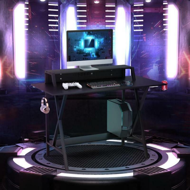 Costway-biurko do gier, biurko komputerowe w kształcie litery T z ergonomiczną stacją do gier w biurze domowym z powierzchnia z włókna węglowego