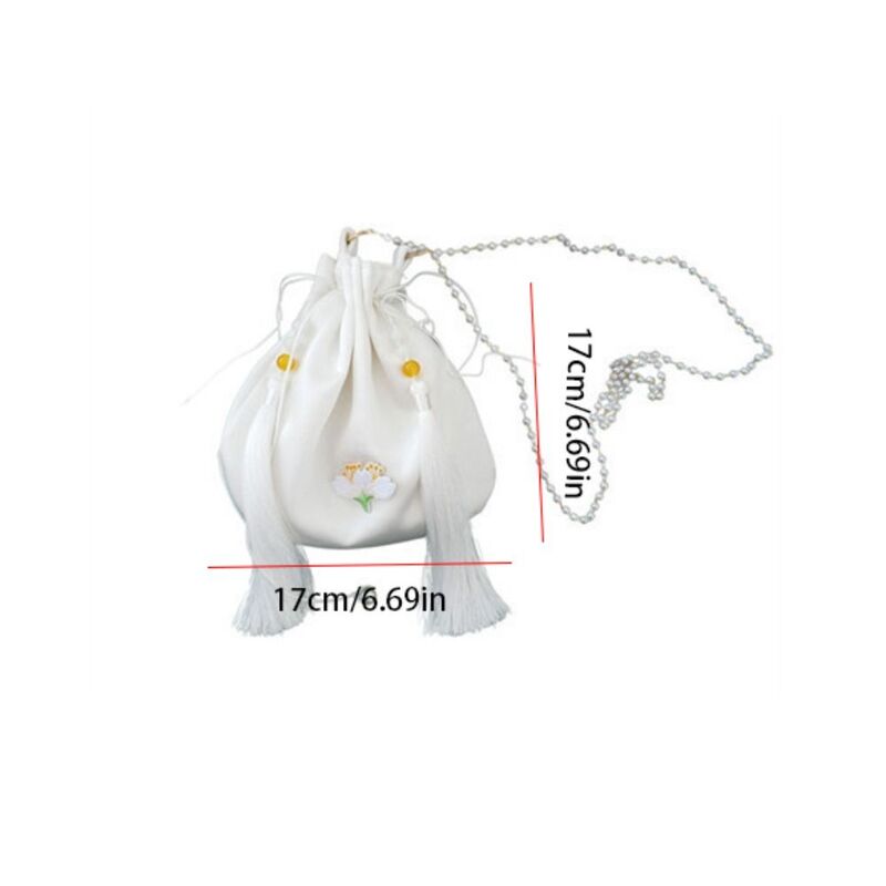 Estilo étnico Hanfu seda Drawstring Bag, estilo chinês, bolsa de ombro, bordado flor bolsa, Tassel Crossbody