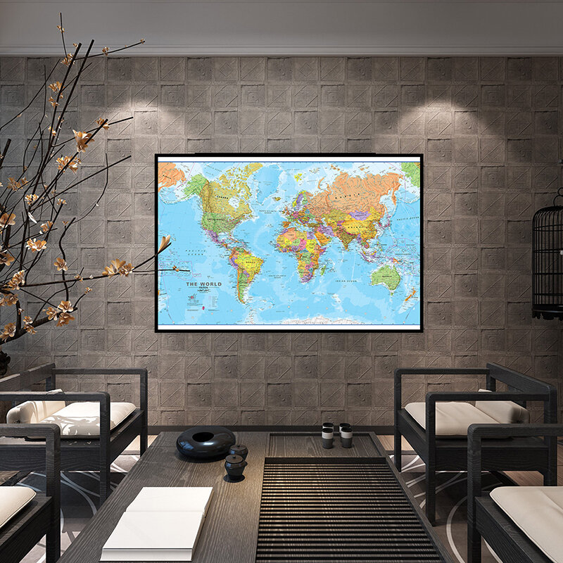 Mapa de la política mundial, lienzo de pintura, Póster Artístico para pared, oficina, aula, decoración del hogar, suministros escolares, 59x42 cm