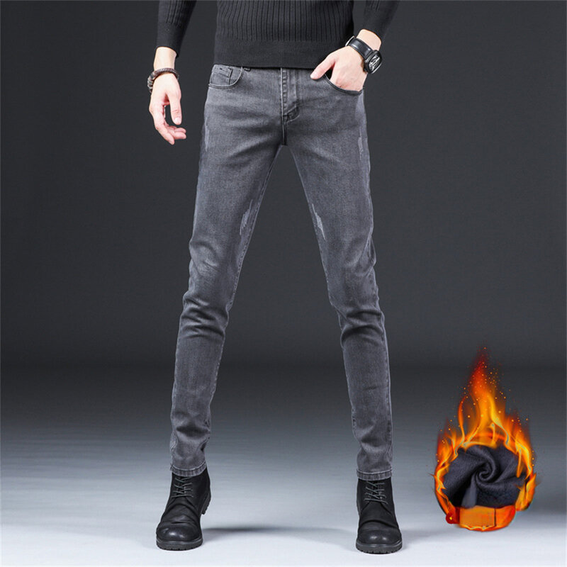 Мужская одежда, зимние мужские джинсы, теплые флисовые джинсы, мужские деловые утепленные джинсовые брюки, Стрейчевые облегающие брюки для мужчин, джинсы