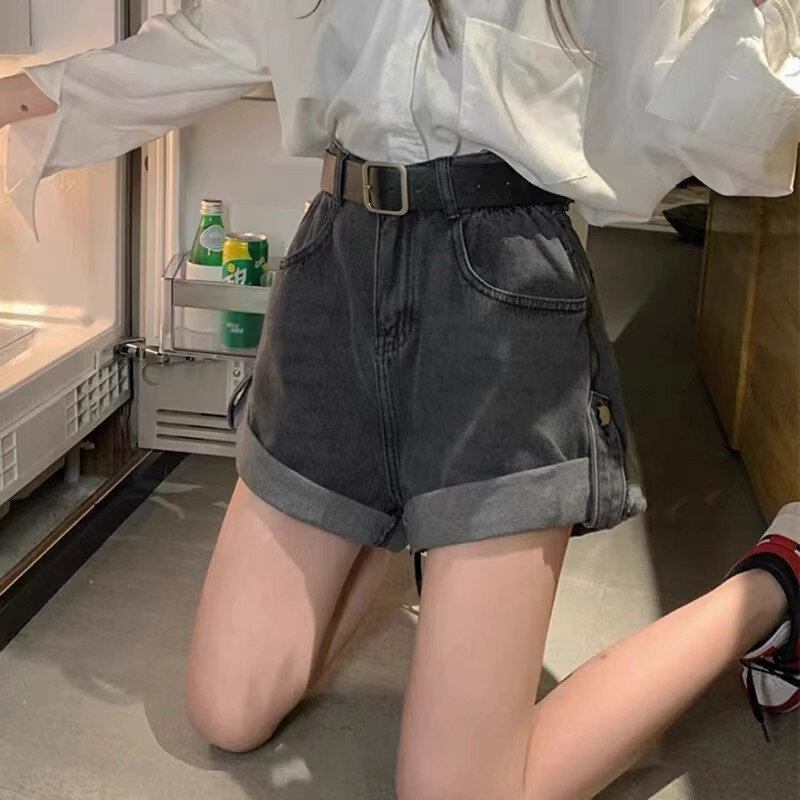 Pantalones cortos de mezclilla enrollados de cintura alta para mujer, nueva versión coreana de the spicy girl, ropa holgada con entrepierna delgada, pierna ancha