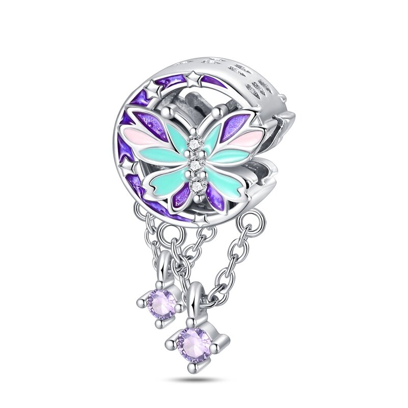 Eleganckie srebro próby 925, kolorowy motyl, księżyc, frędzel, urok, pasuje do bransoletki Pandora, propozycja damska, romantyczna biżuteria na prezent