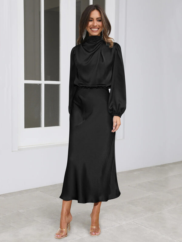 2024 kobiet elegancka satynowa suknia wieczorowa morelowa czarna zielona z długim rękawem ubrania damskie damska wysokiej jakości sukienki koktajlowe