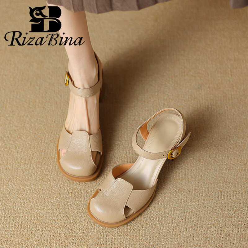 RIZABINA Real Leather Women Sandals Closed Toe Metal Buckle Thick High Heel Summer Shoes Daily Casual Slingback Shoes Size 36-40