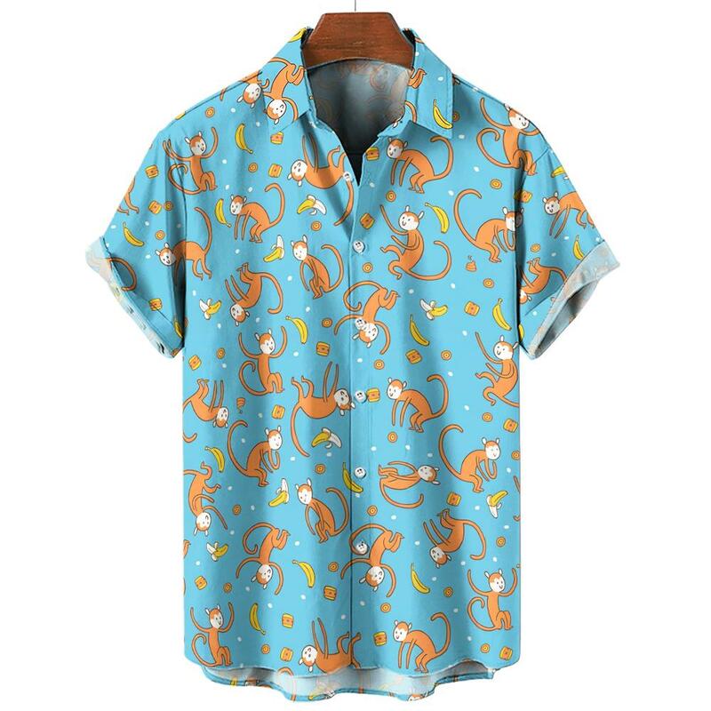 Camisas havaianas de manga curta masculina, estampas 3D, gráficos de macaco, moda verão, estilo havaiano, tops havaianos, unissex, 2024