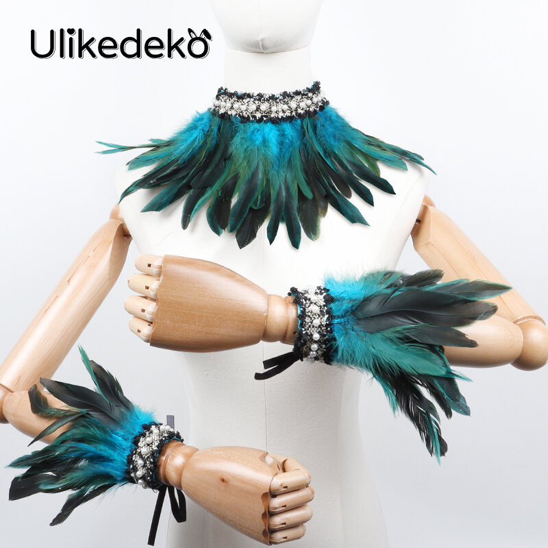 Punk Gothic Gloves Feather Wrist Cuff with Fake Collar Victorian Accessories Rave Party Carnival Stage Show Showgirl Arm Warmer