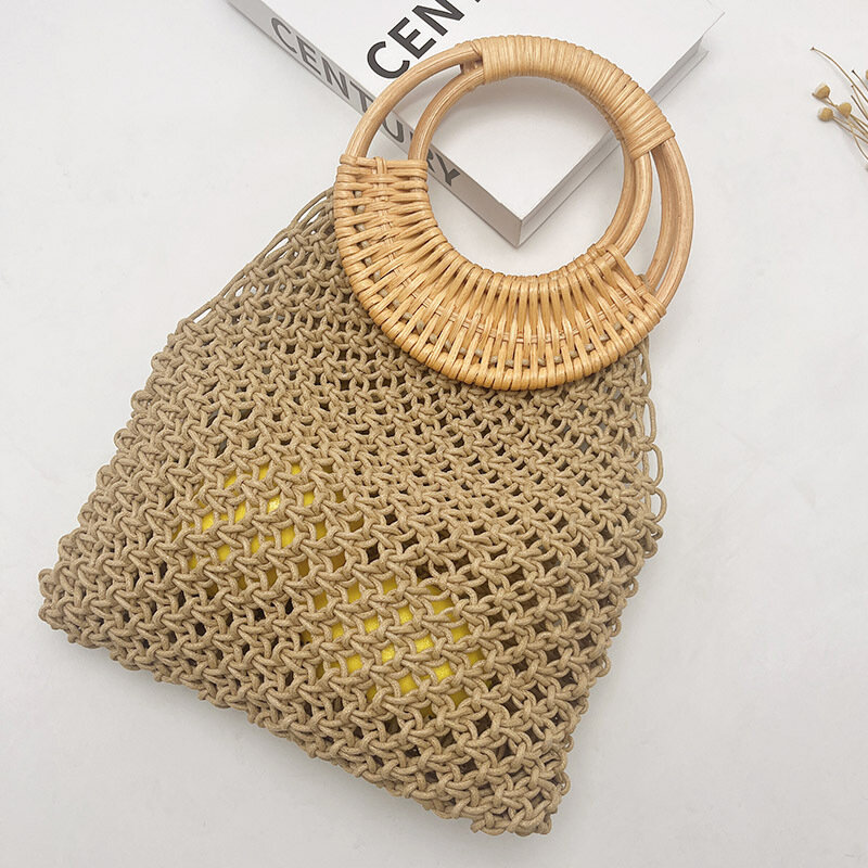 Rope Crochet Fishing Net Handbags Round Wicker Handle Beach Bag Handmade Knitting Woven Bags for Women Hollow Mesh Straw Bag New