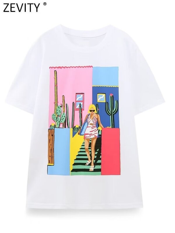Zevity-Camiseta de manga curta com gola O básica feminina, Tops estampados femininos, moda casual, chique básico de lazer, novo, cor contrastante, T3069