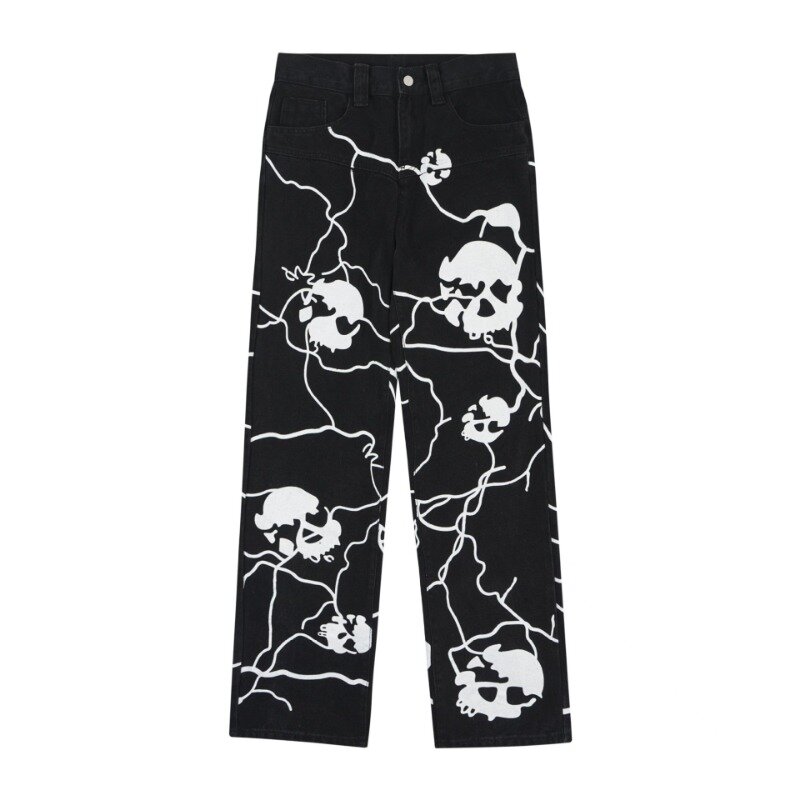 European and American Men's Jeans Y2K Hip-Hop Printed Skull Denim Straight Trousers Men High Street Personalized Denim Trousers