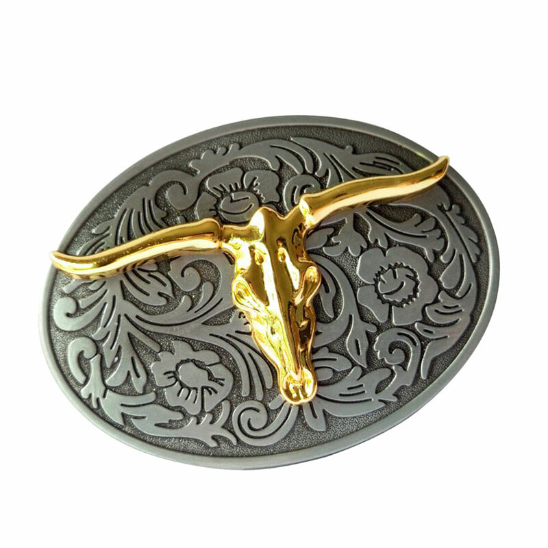Cheapify-hebillas de cinturón ovaladas para hombre, cabeza de toro dorado grande, aleación Floral, de Metal, 40mm, envío directo