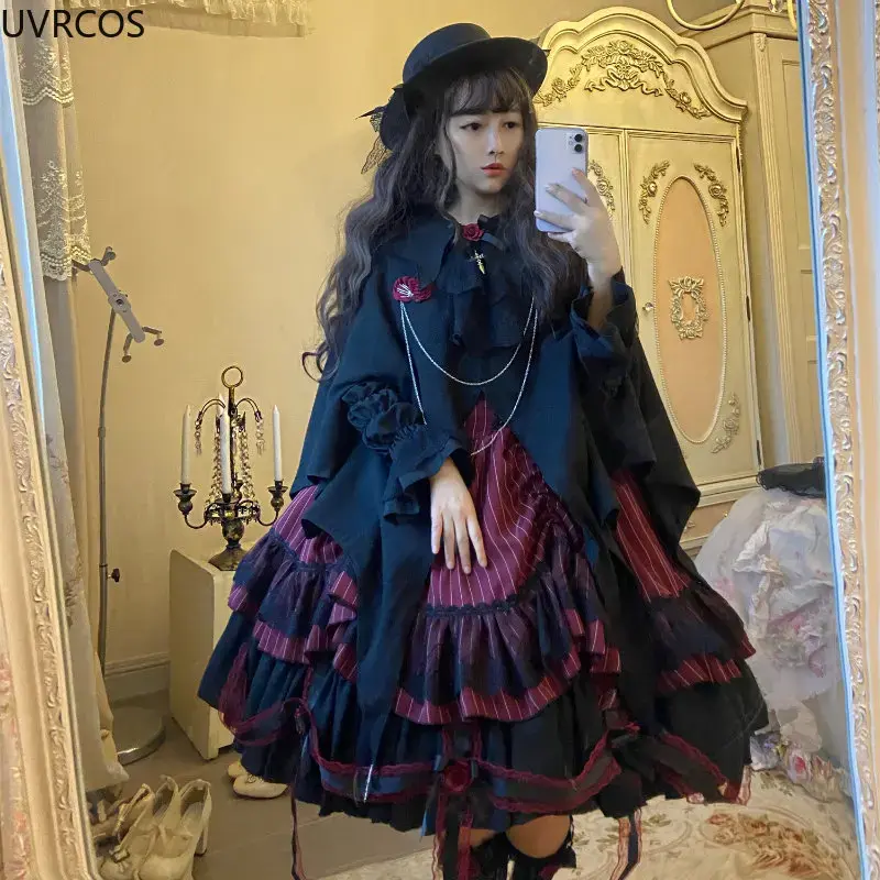 Wiktoriańska Gothic Lolita Jsk sukienka kobiety Halloween Y2k nietoperz kołnierzyk koszula wełniana księżniczka sukienki Vintage Punk Harajuku imprezowa sukienka