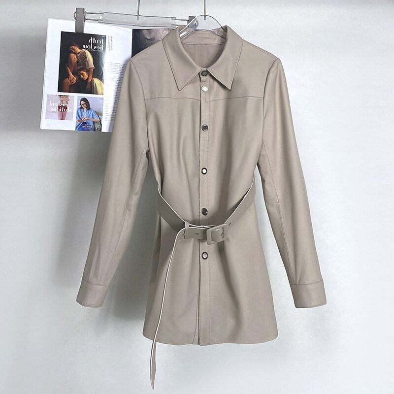Camisa de couro genuíno estilo minimalista, manga comprida, blusa casual, roupa nova, pele de carneiro, outono e inverno, 2024