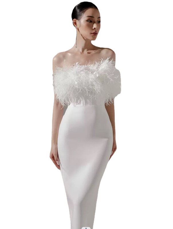 SHUIYUN sexy strapless gorgeous feather tassel design white buttocks wrapped women's wedding dress