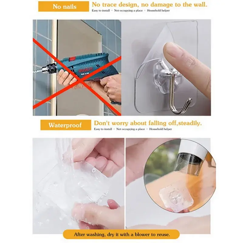 10pcs Transparent Hooks Strong Self Adhesive Key Storage Hanger Multi-Function Towel Hanging Hook For Kitchen Bathroom Storage