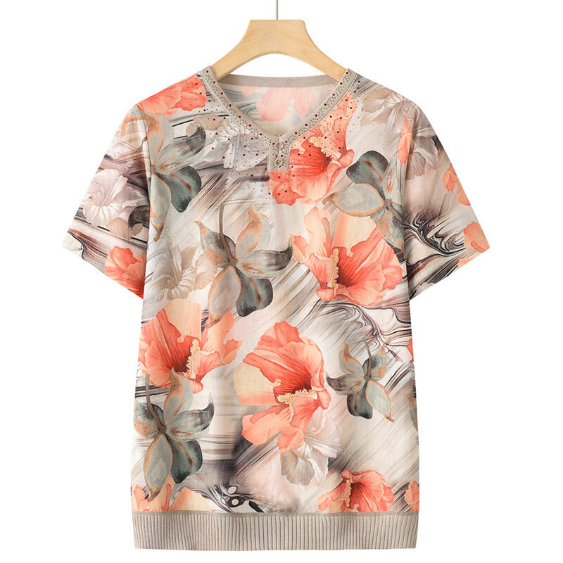 Kurzarm Strick T-Shirt lässig Vintage gedruckt Frühling Sommer Pullover Frau 2024 Pullover Tops mittleren Alters Mutter Bluse 4xl