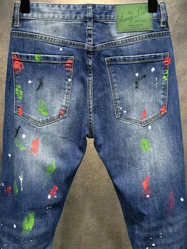 Джинсы мужские Стрейчевые в стиле ретро, модные рваные джинсы с дырками, синие эластичные брюки из денима в стиле хип-хоп, с принтом