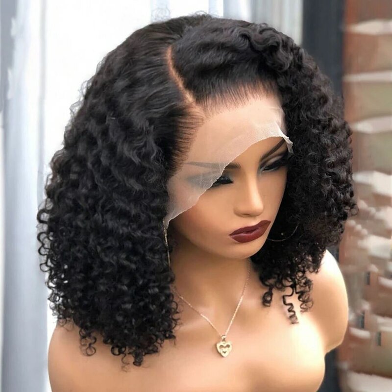 Rambut manusia sintetik gelombang dalam dengan kepadatan 180% bagian sisi ditarik wig pendek Bob 13*4 Lace Frontal untuk wanita warna hitam