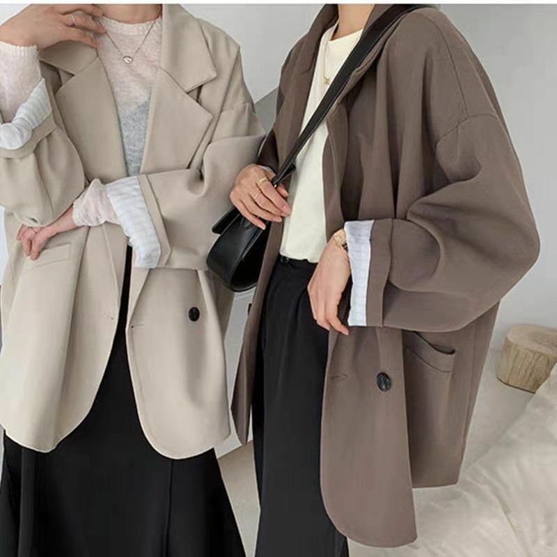 Houzhou vintage marrom blazer feminino oficial elegante senhoras moda outono manga longa oversized chique casual jaqueta all-match