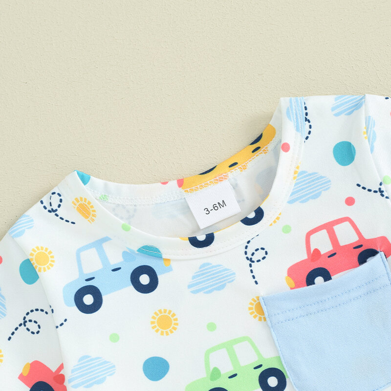 Kleinkind Baby Jungen Sommer Outfit Kurzarm Auto Print T-Shirt Tops elastische Taille Jogger Shorts 2 Stück Kleidung Set
