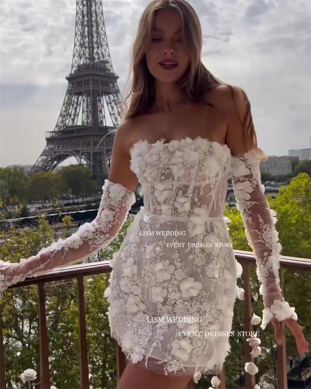 LISM Sexy Knee Mini abito da sposa corto Arabia saudita abito da sposa con stampa floreale in pizzo con guanti senza spalline A Line Prom Gown