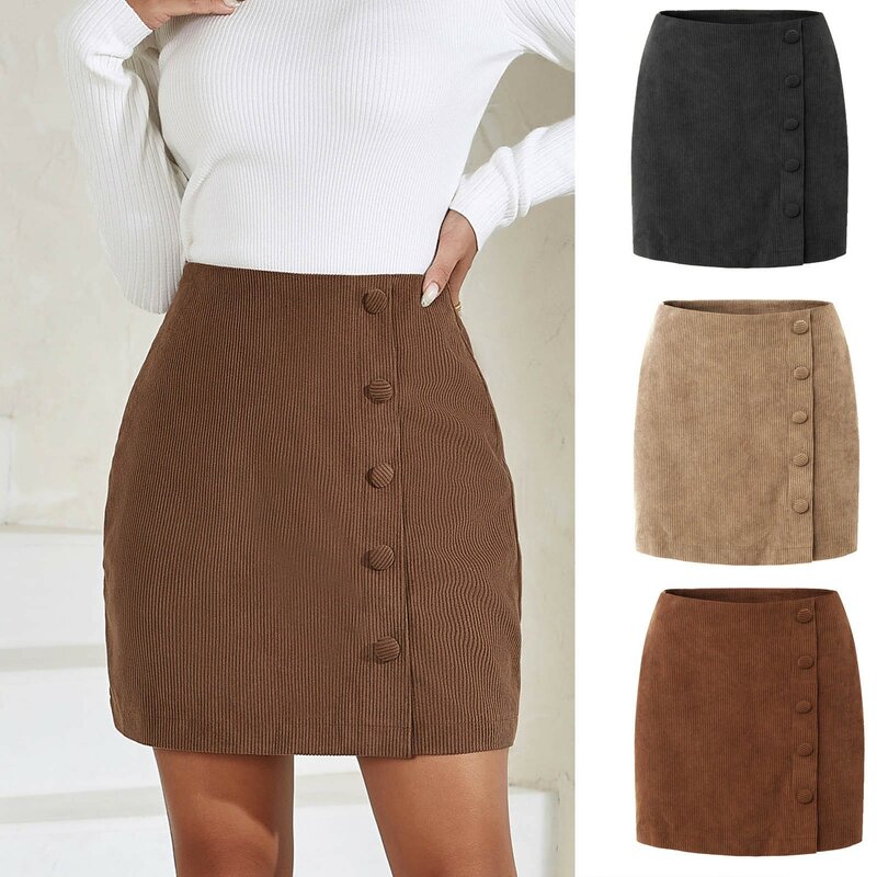 Women'S Corduroy Skirts Spring Autumn Solid Color Fitting Skirts Buckle Decor Side Zipper High Waist Slim-Fit Bag Hip Skirts