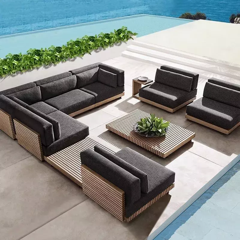 Customized Nordic high-end outdoor sofa, solid wood coffee table combination, waterproof outdoor villa, courtyard,