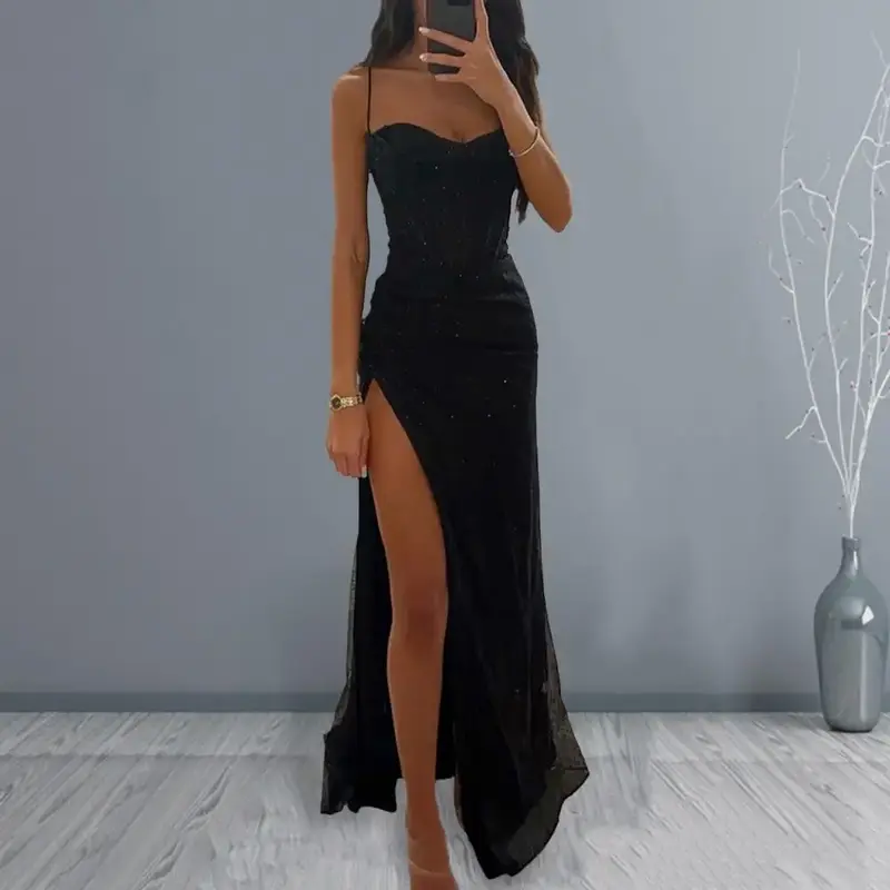 Damska poliestrowa sukienka maxi Elegancka cekinowa sukienka wieczorowa z paskiem spaghetti z wysokim rozcięciem na ramionach dla kobiet na formalne okazje