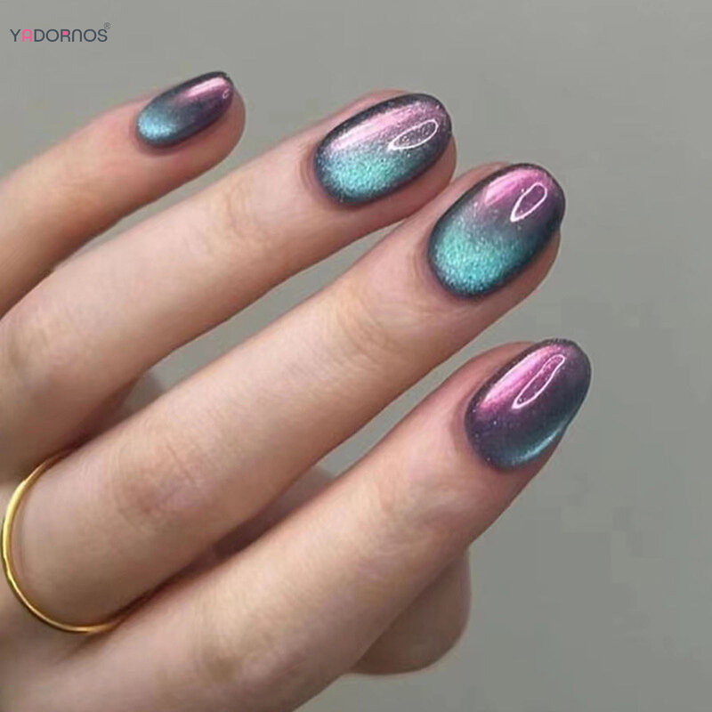 24 szt. Prasy na paznokcie z gradientem dla kociego oka niebieski fioletowy kolor sztuczne paznokcie krótkie okrągłe sztuczne paznokcie do noszenia dla kobiet DIY Manicure
