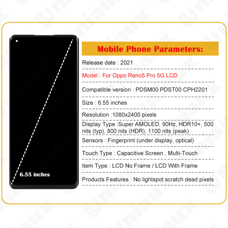 6.55 "Original AMOLED Para Oppo Reno5 Pro Display LCD Tela Touch Digitizer Para Reno 5 Pro 5G EU Edição PDSM00 CPH2201 LCD