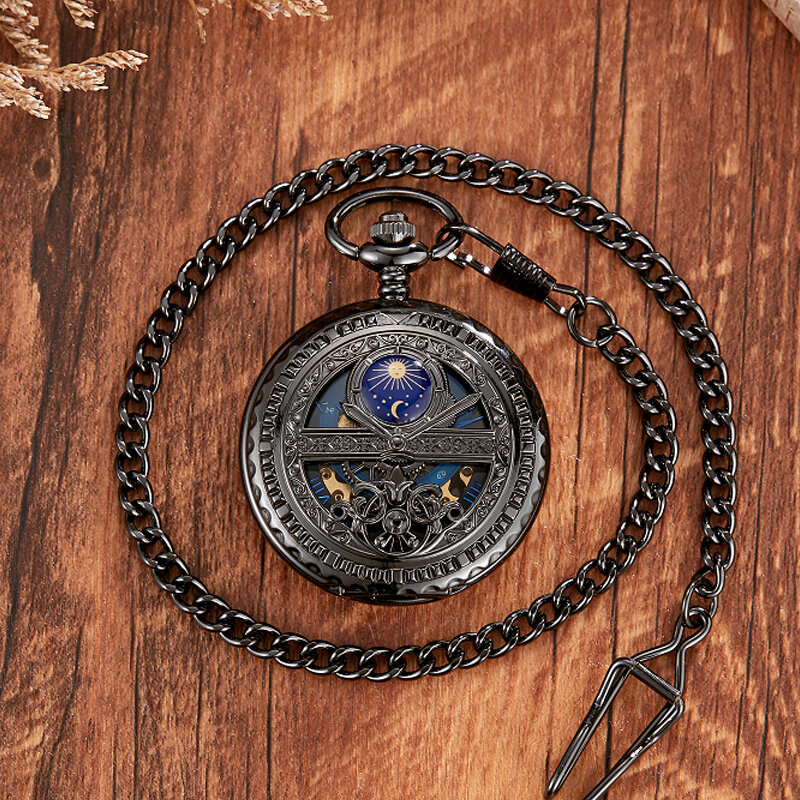 Relógio de bolso mecânico com corrente Fob, vintage, oco, azul, lua, estrela, steampunk, esqueleto, algarismos romanos, de mão, relógio