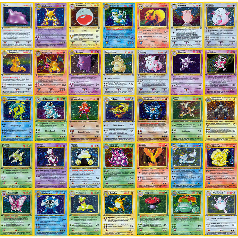 Pokémon 1st Edition Foil Flash Basis Set, Charizard, Pikachu, Alakazam Game Collection Cards, Jouets pour enfants, 1996