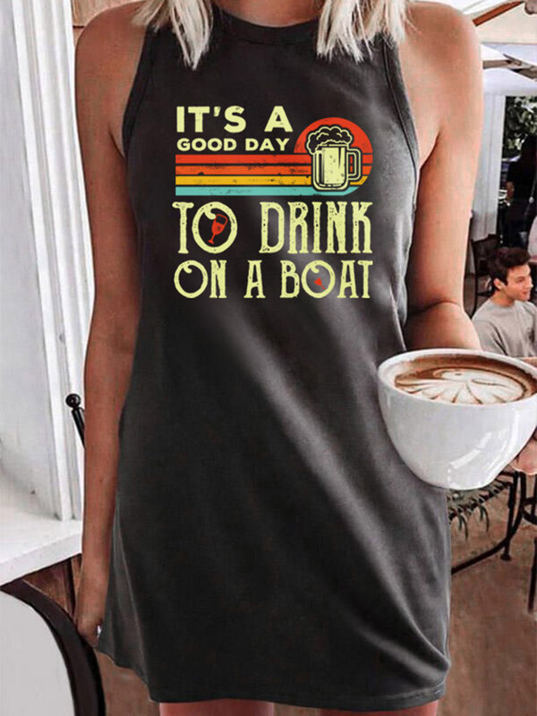 Gaun Minum Tanpa Lengan Lucu Ini Hari Yang Baik untuk Minum Di Kapal Gaun Tank Kasual Musim Panas Wanita Gaun Kaus Liburan Pantai