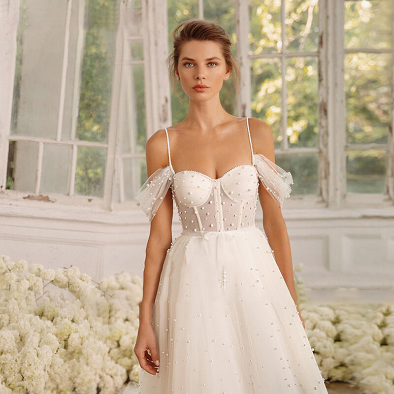 Gaun pengantin wanita bahu terbuka elegan gaun pengantin panjang A-Line mutiara mewah gaun pengantin putri Vestidos De Novias 2024