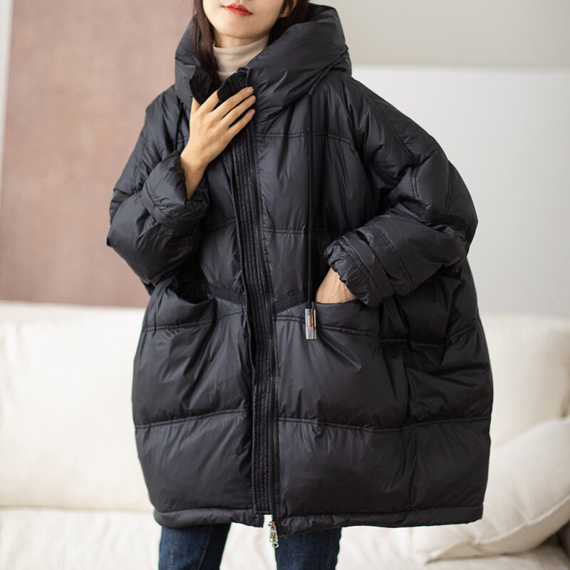 Женская длинная куртка-пуховик с капюшоном, свободная теплая парка на белом утином пуху, новинка зимы 2023